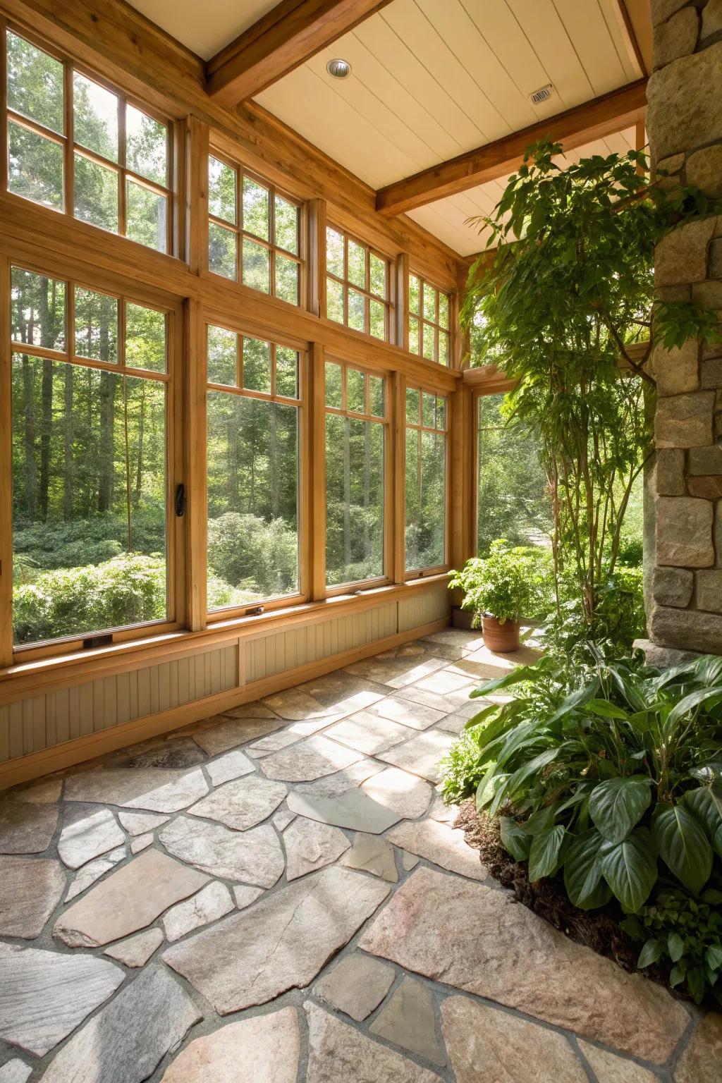 Natural stone floors enhance the indoor-outdoor connection in sunrooms.