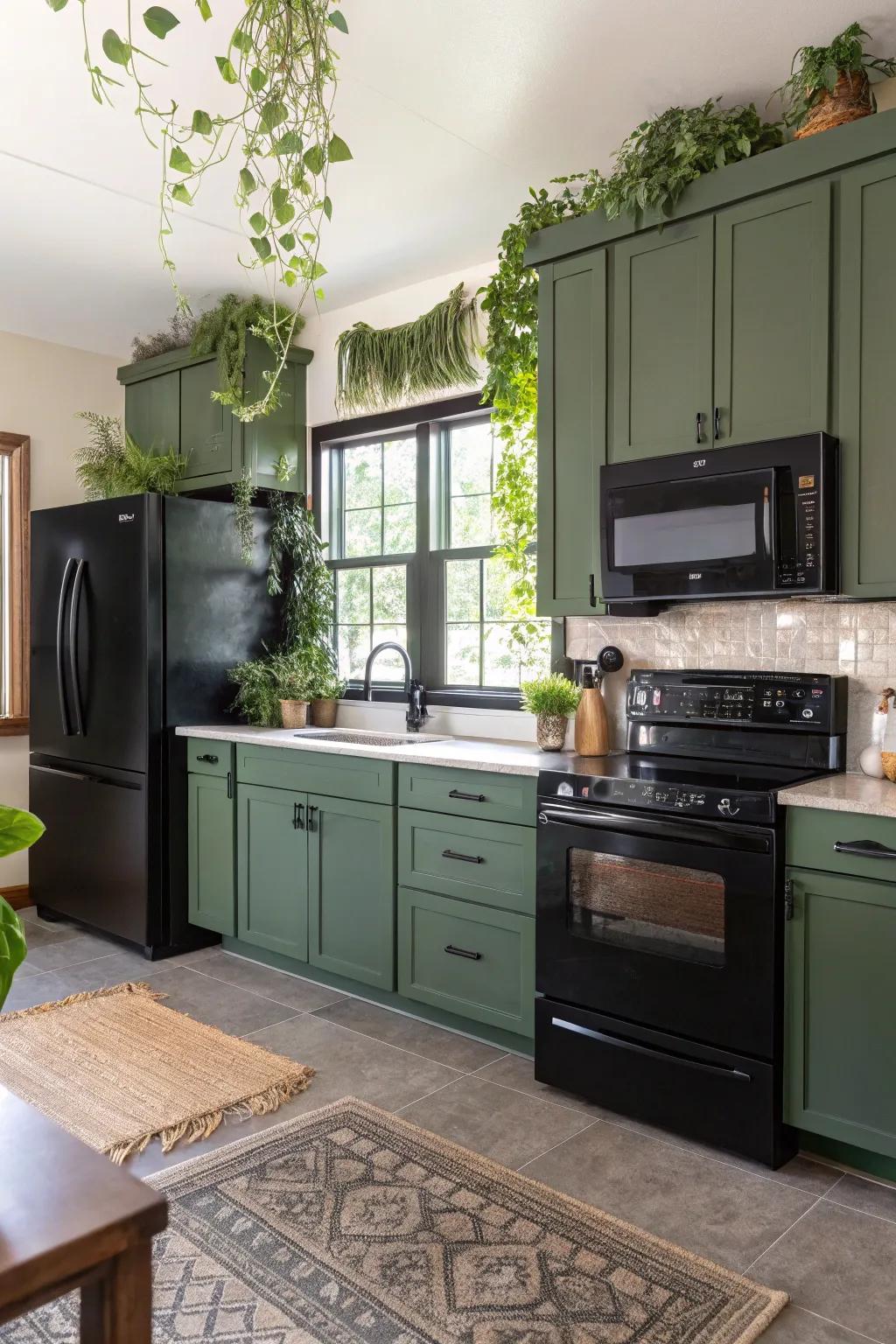 Emerald and dark tones craft a tranquil, stylish cooking space.