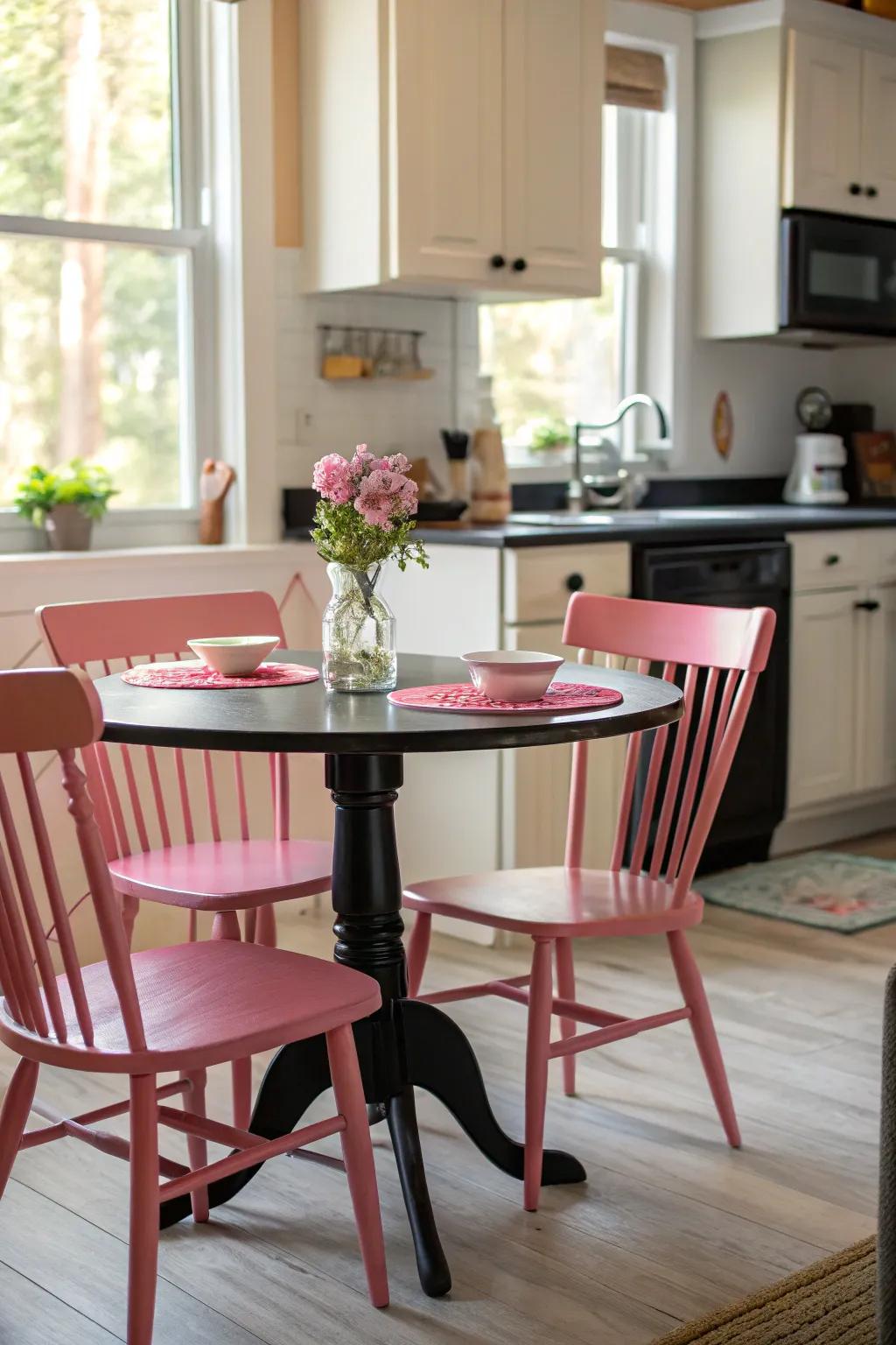 A harmonious dining space that complements the cooking area's color scheme.