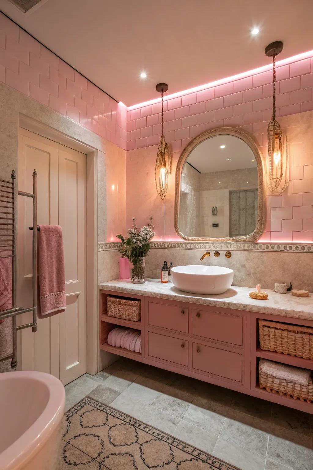 Muted rose illumination introduces warmth to the washroom.