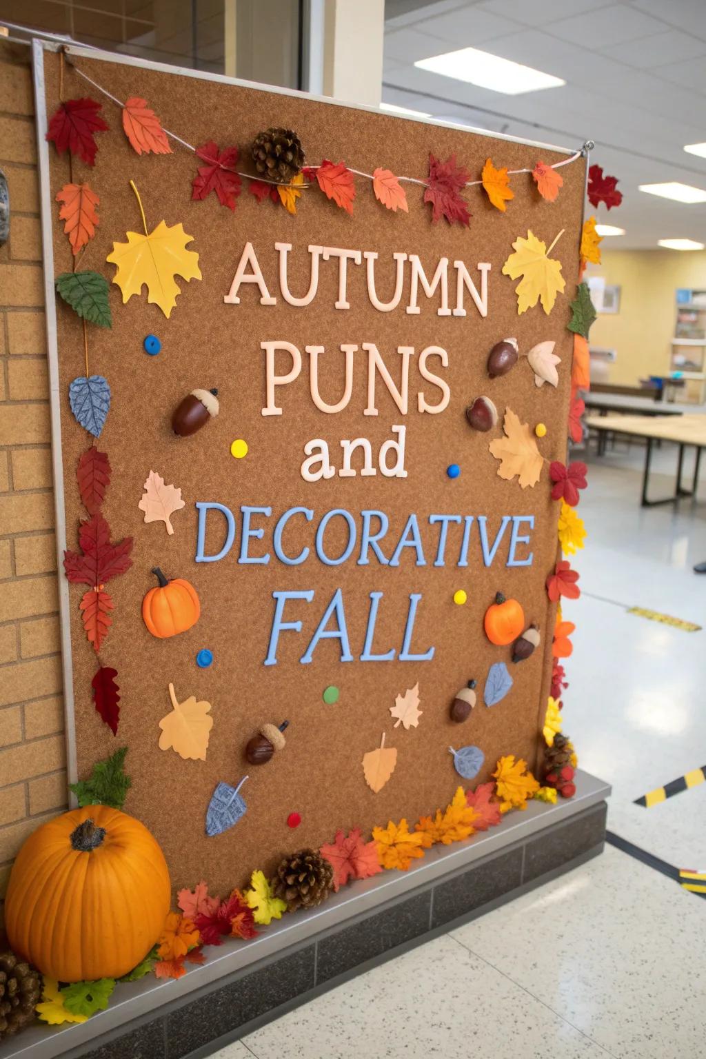 A mirthful fall display board showcasing humorous autumnal wordplay.