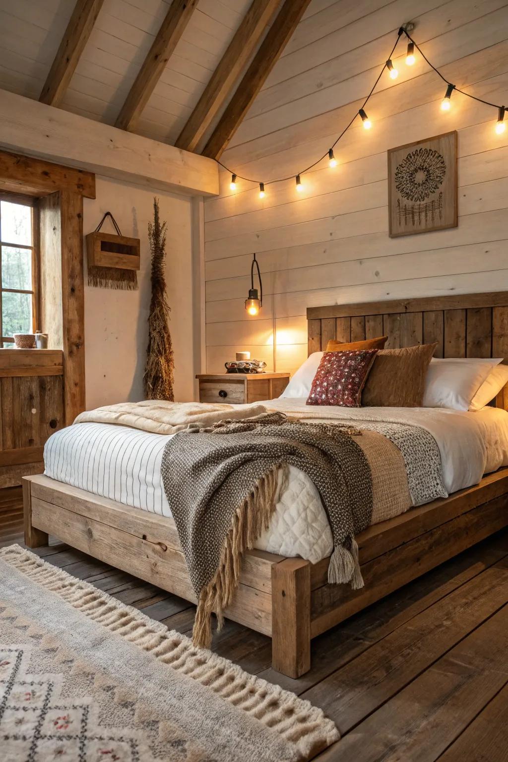 Rustic platform beds add a touch of natural beauty.