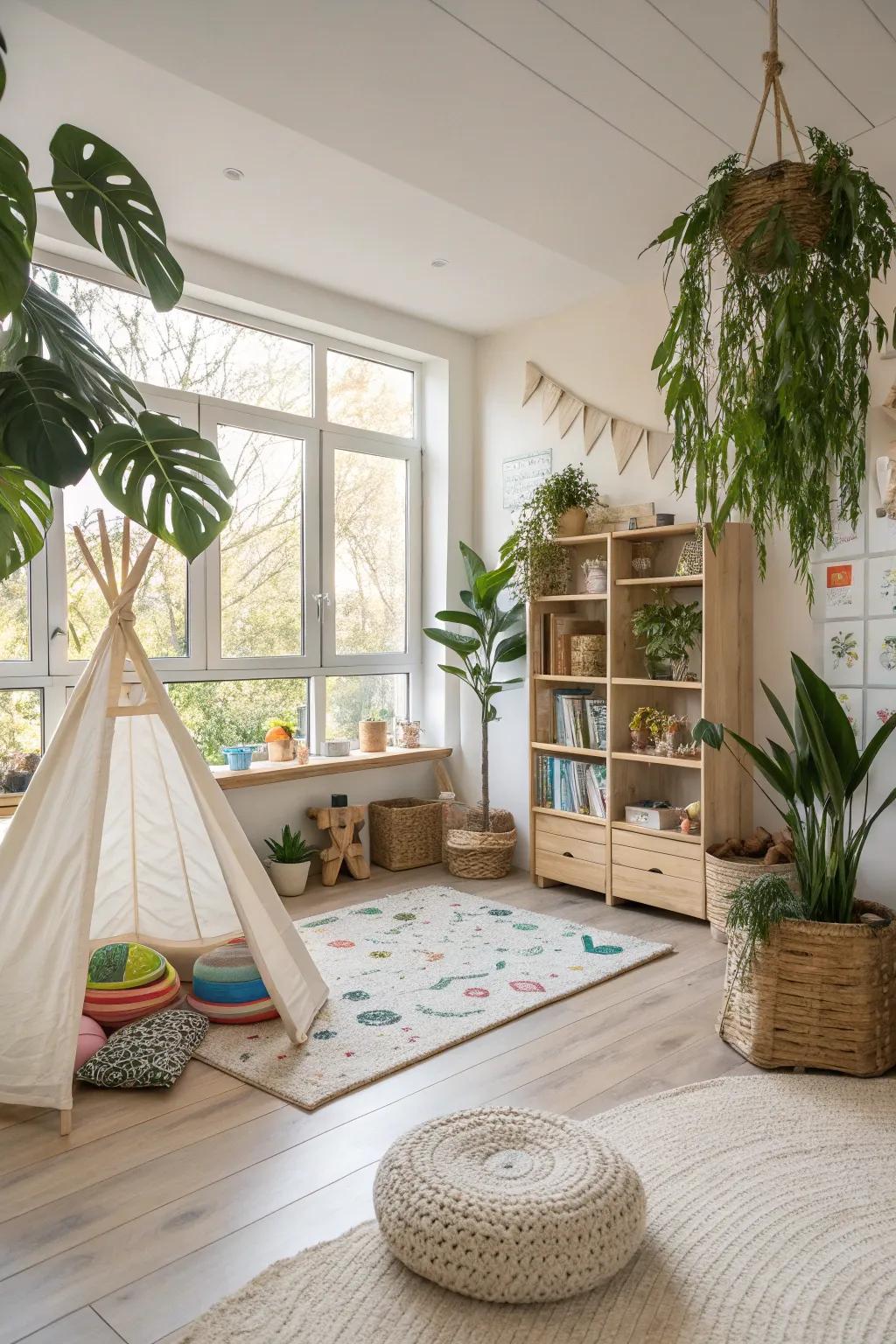 A tranquil amusement zone with nature-inspired components.