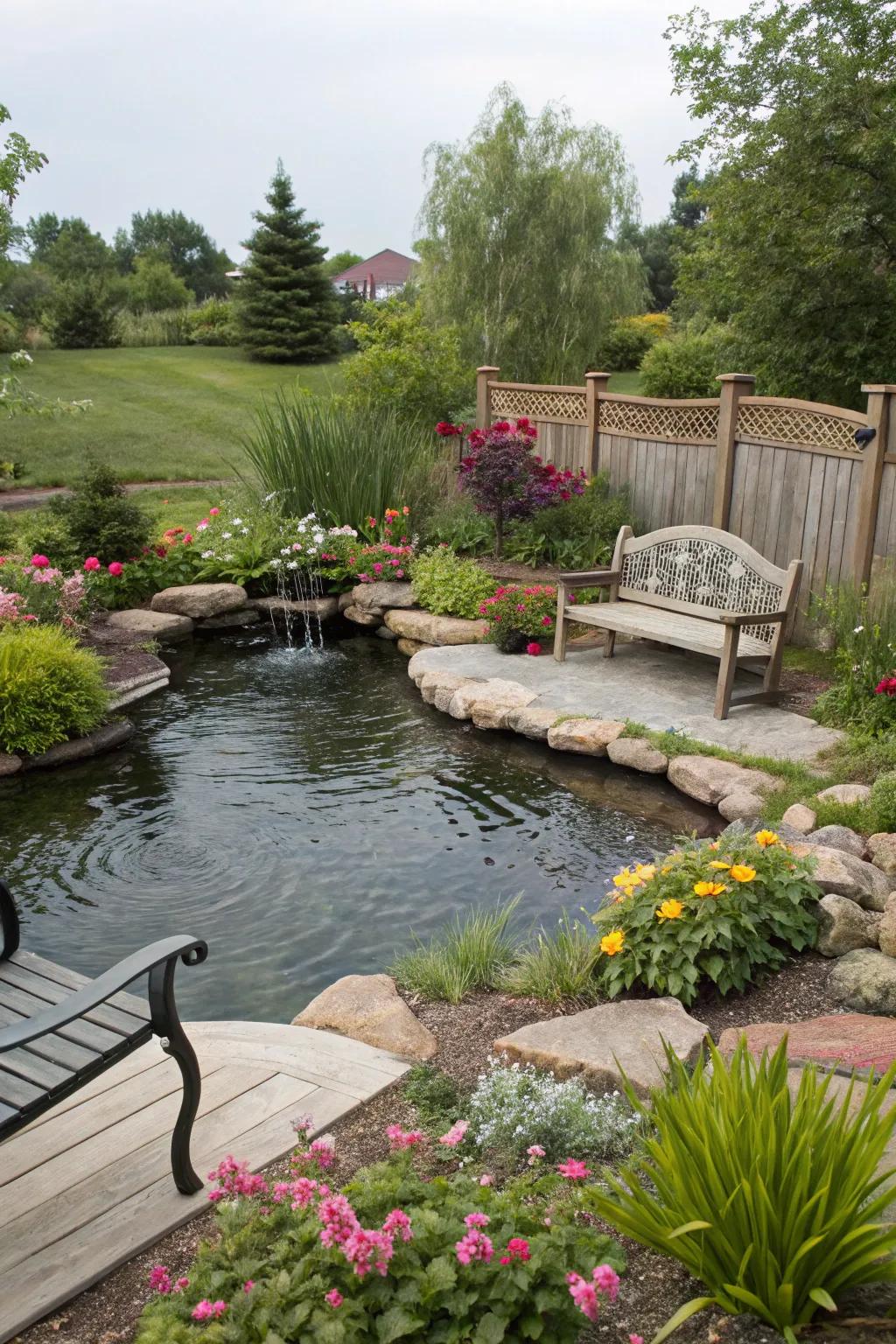 A leisure-focused seating spot alongside a backyard pond.
