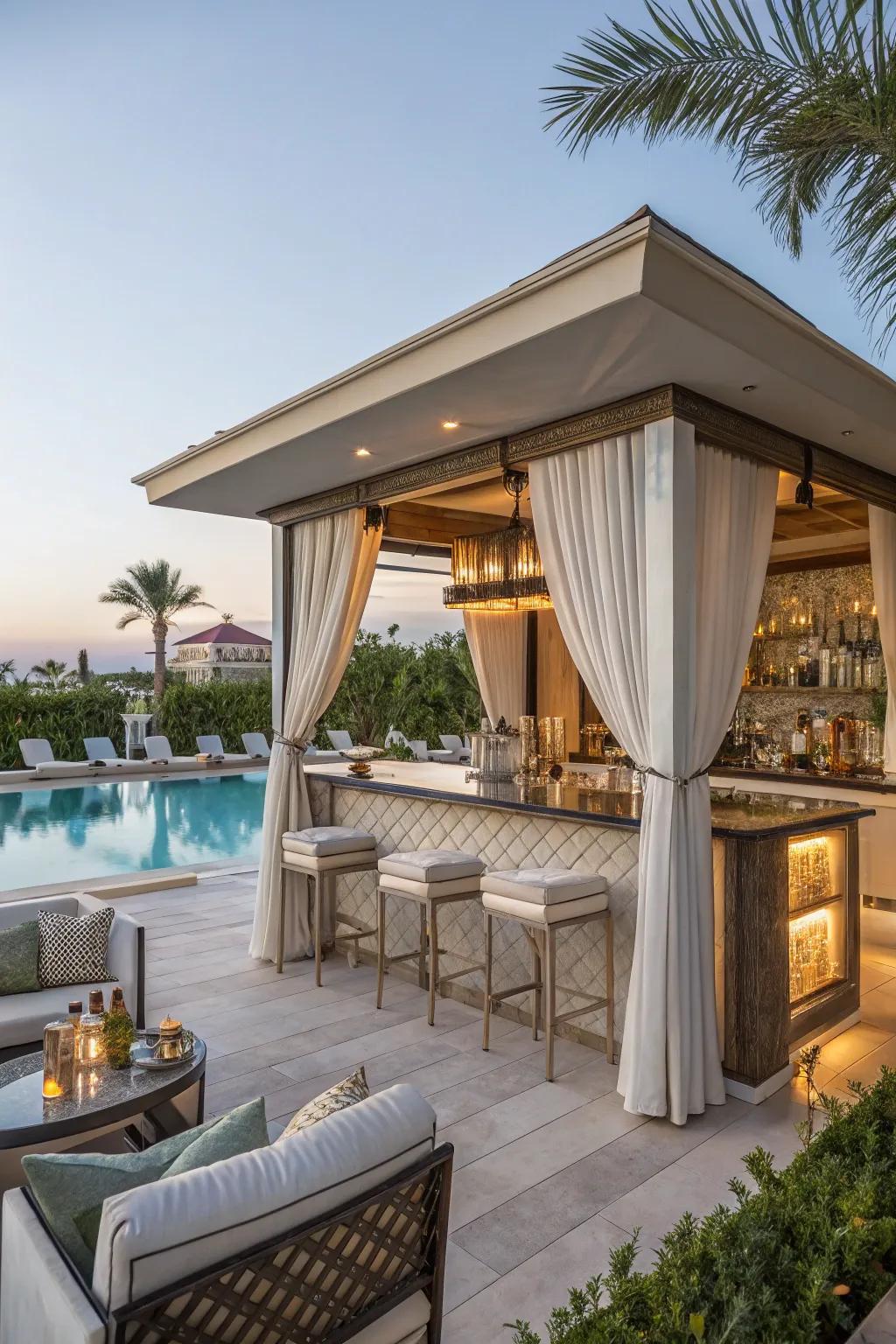 A tent with a wet bar grants a secluded oasis by the pool.