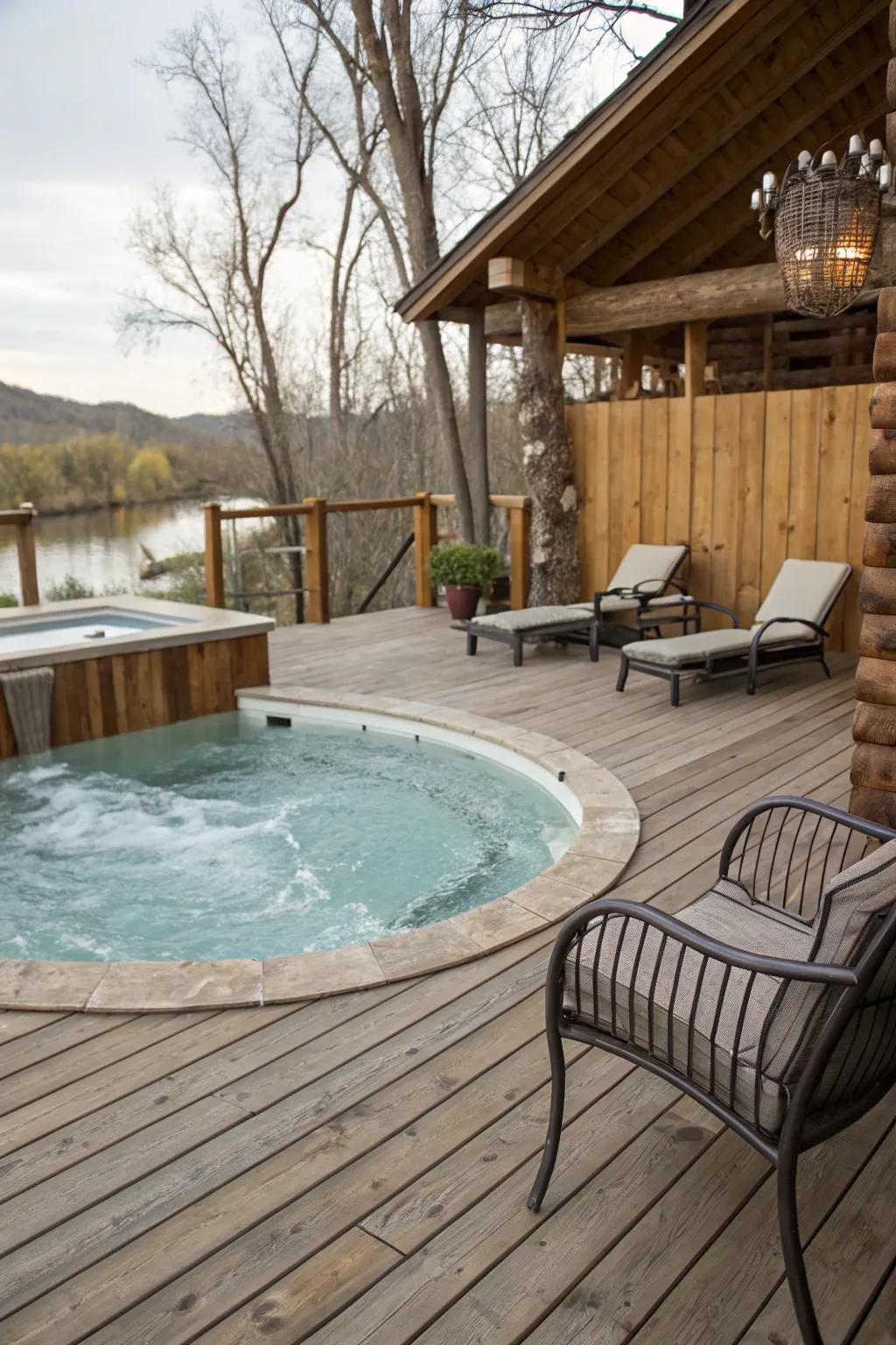 A country wooden deck adds warmth and charm to your pool and jacuzzi.