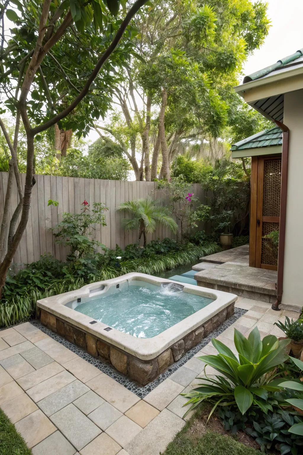 A hot tub integration adds a hint of luxury to compact backyards.