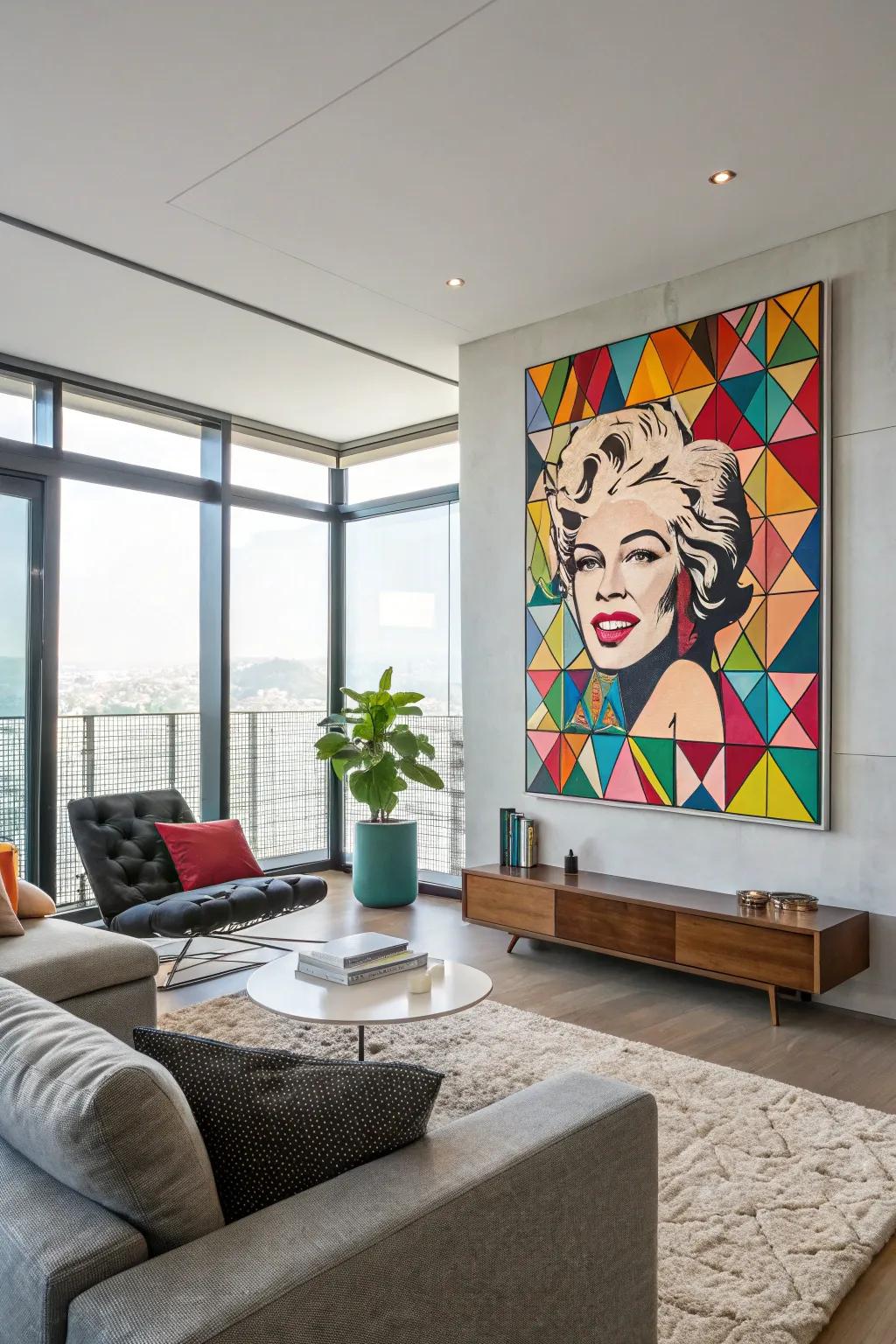 An impressive artistic pop representation painting with a vibrant geometric patterned backdrop.