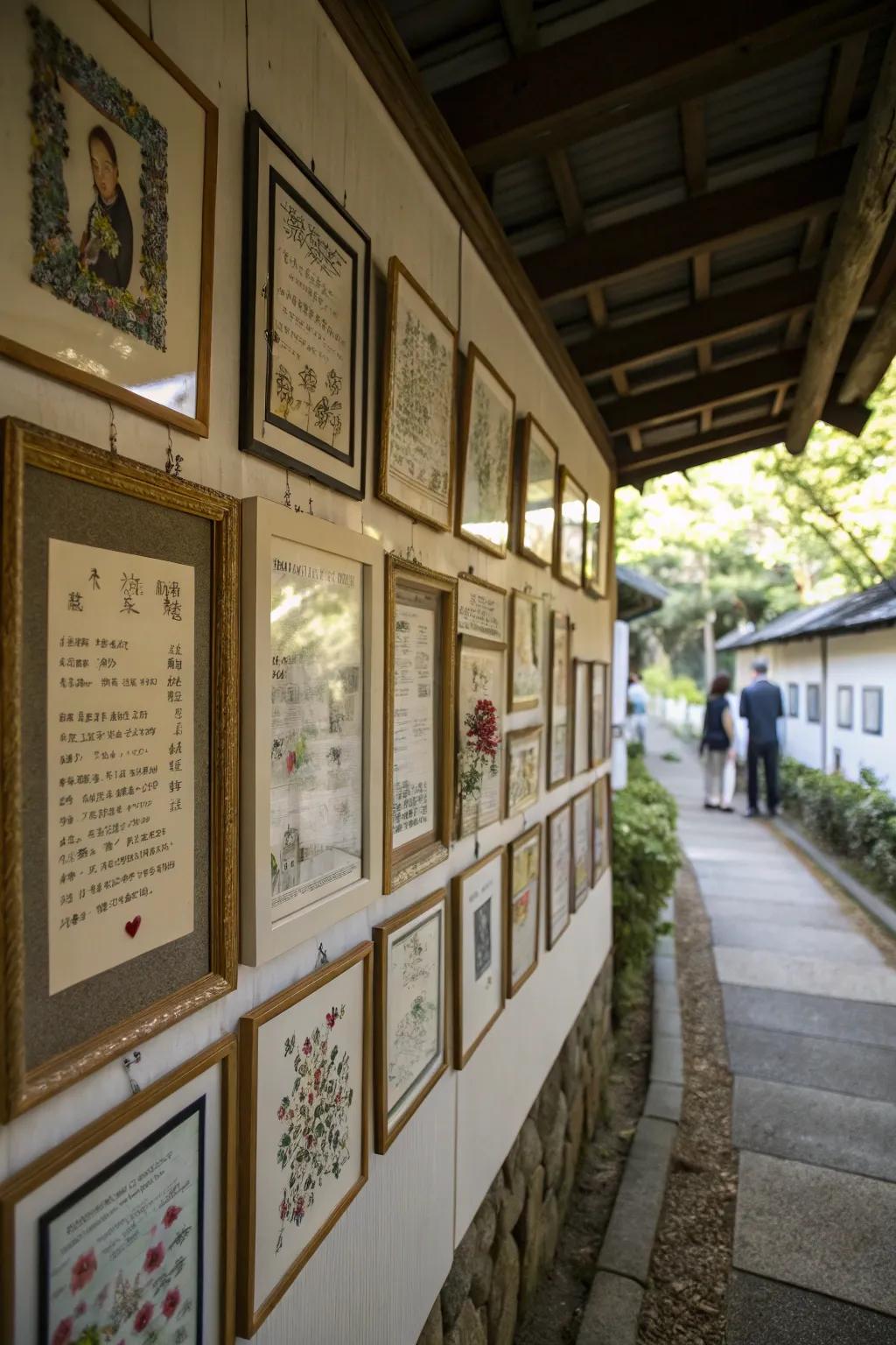 A devotional display presenting encased annotations and meaningful artwork.