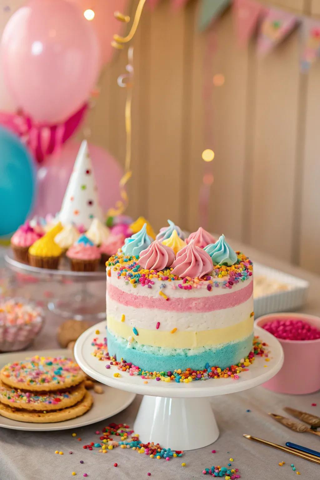 A sprinkled cake serving as a vibrant and tasty centerpiece.
