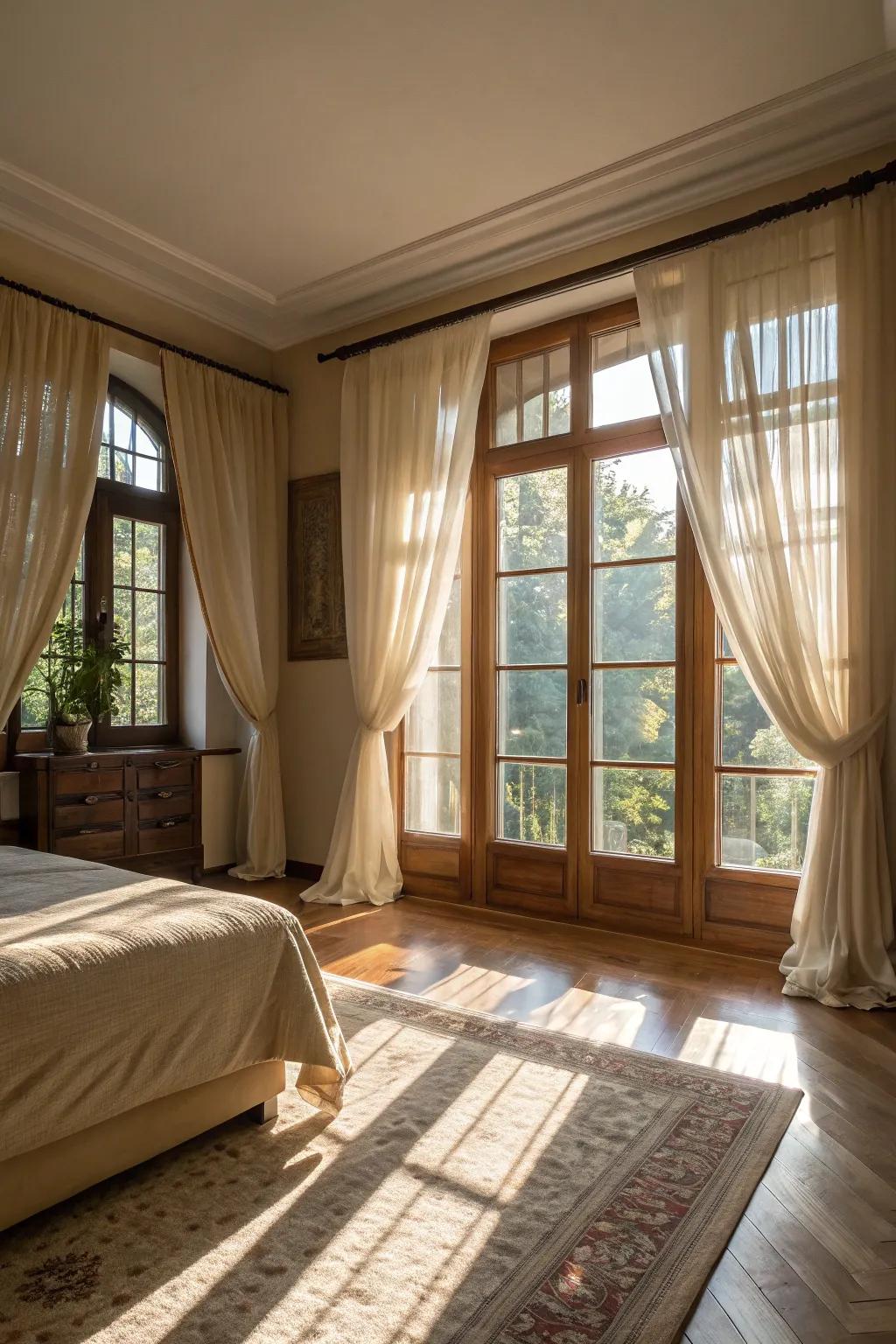 Welcome the sunshine with expansive windows and airy drapes.