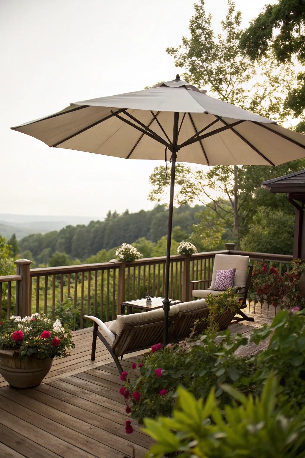 A sizable umbrella renders modifiable shade and seclusion on a deck.