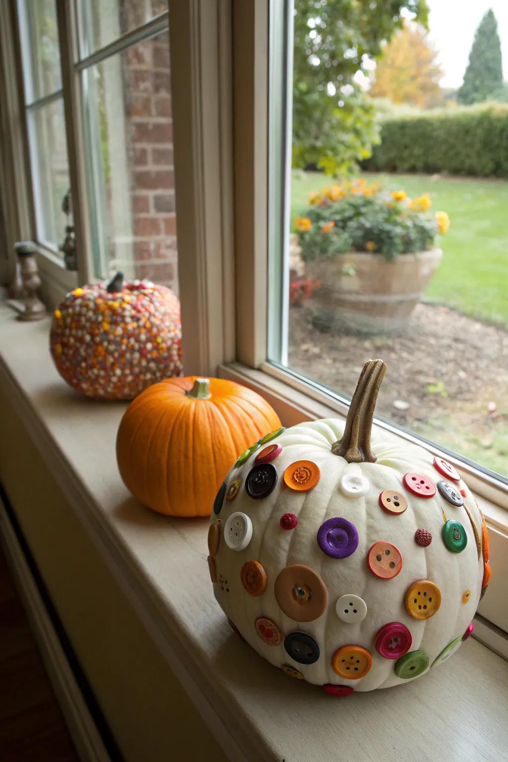 Pumpkins creatively adorned with colorful beads.