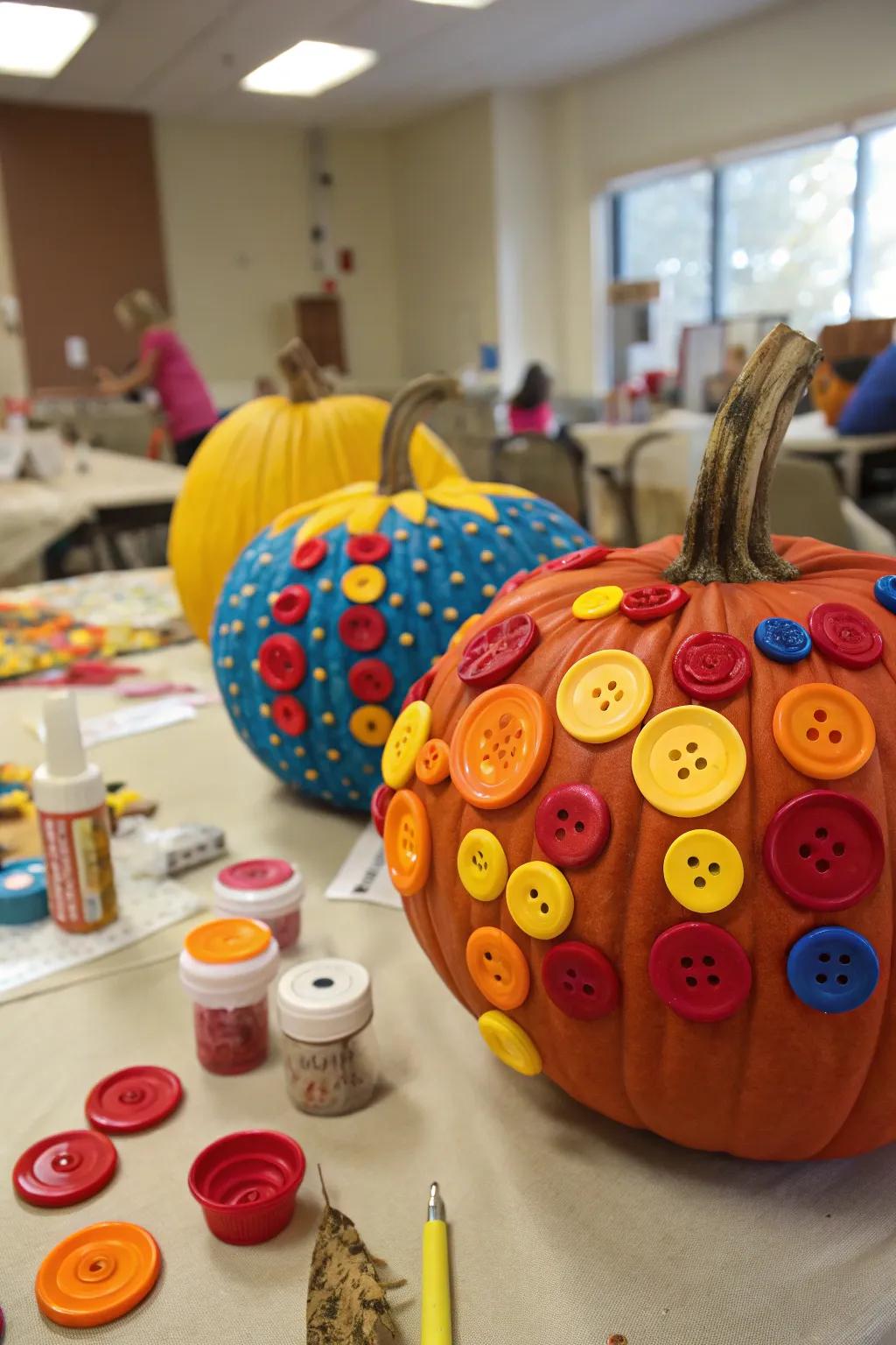 Pumpkins covered with a rainbow assortment of buttons.