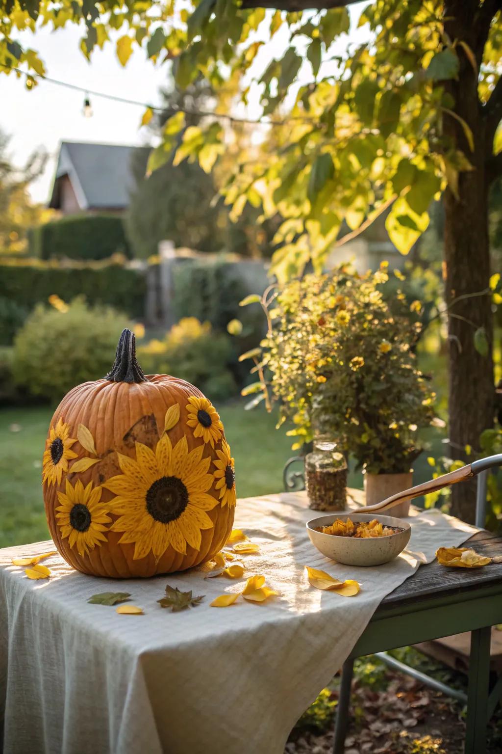 A radiant sunflower pumpkin lightening up the autumn garden.