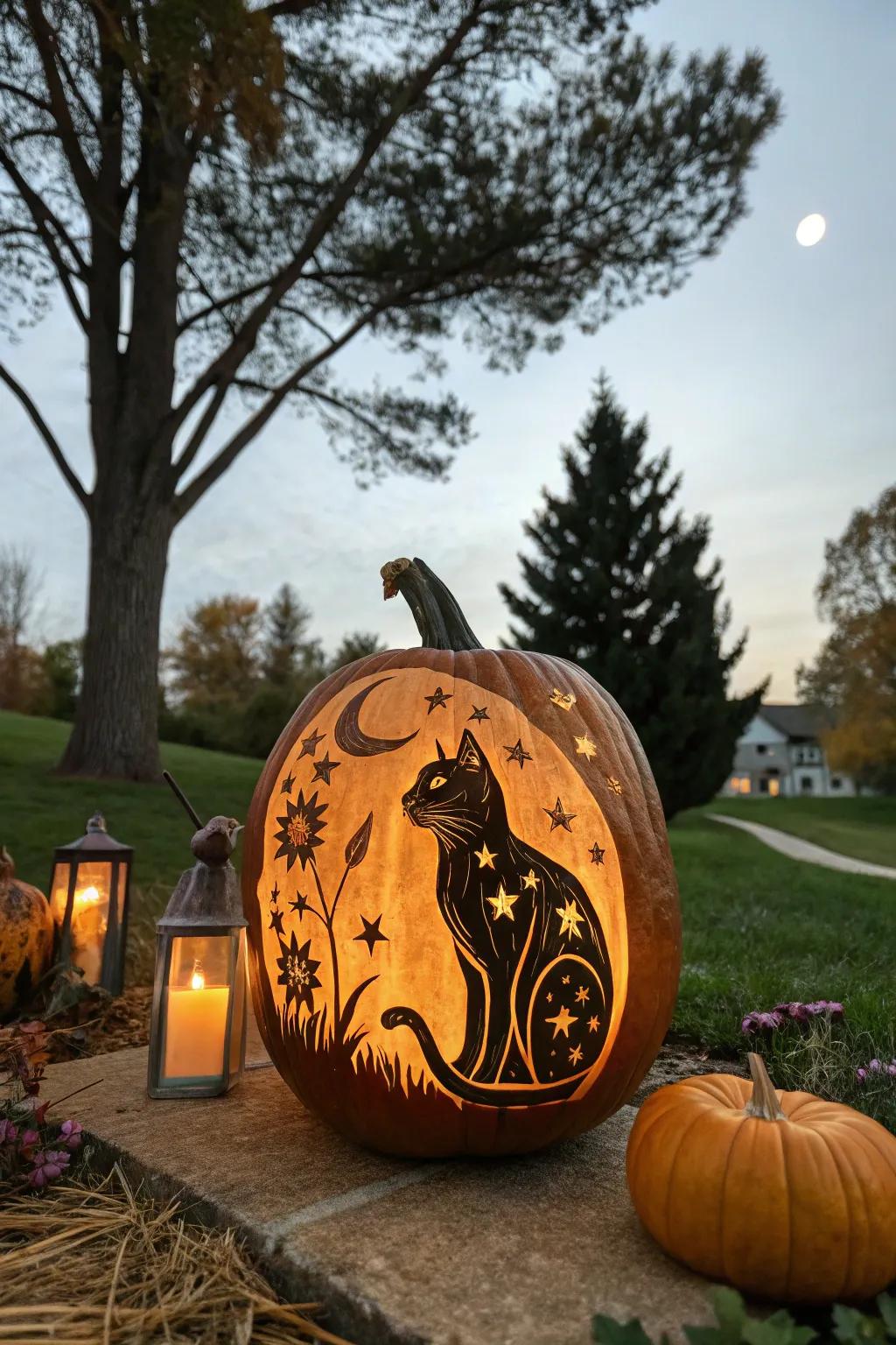 Magical moon cat pumpkin giving a hint of enchantment.