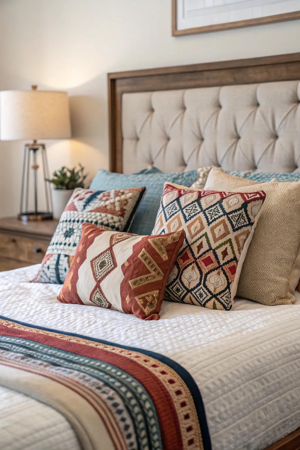 An eclectic motley of pillows infuses fancifulness and persona.