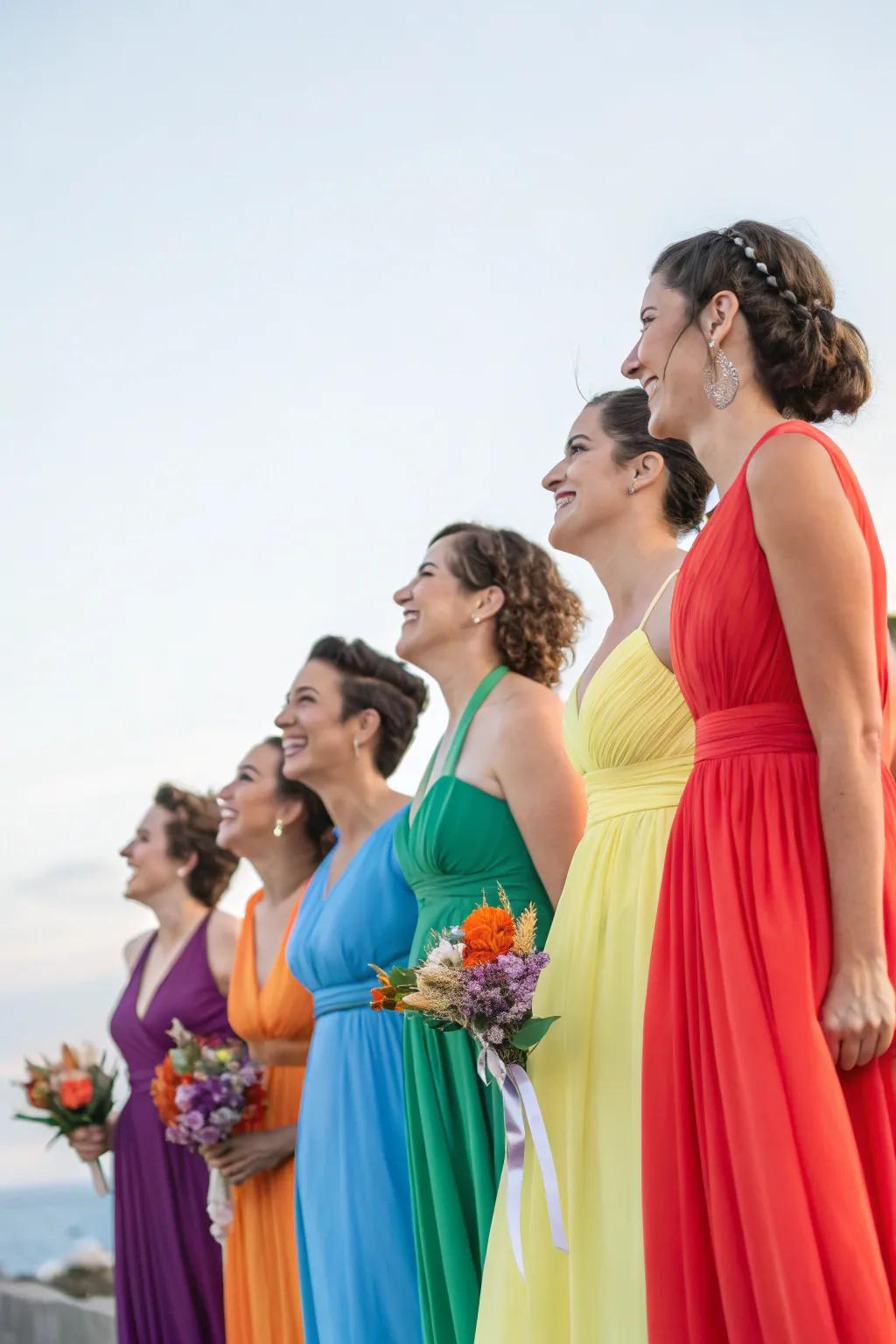 Bridesmaids presenting a spectrum of hues in their attire.