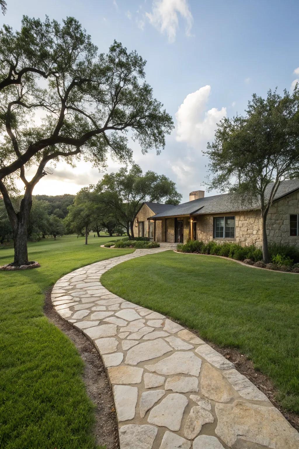 A winding stone path adds texture and guidance.