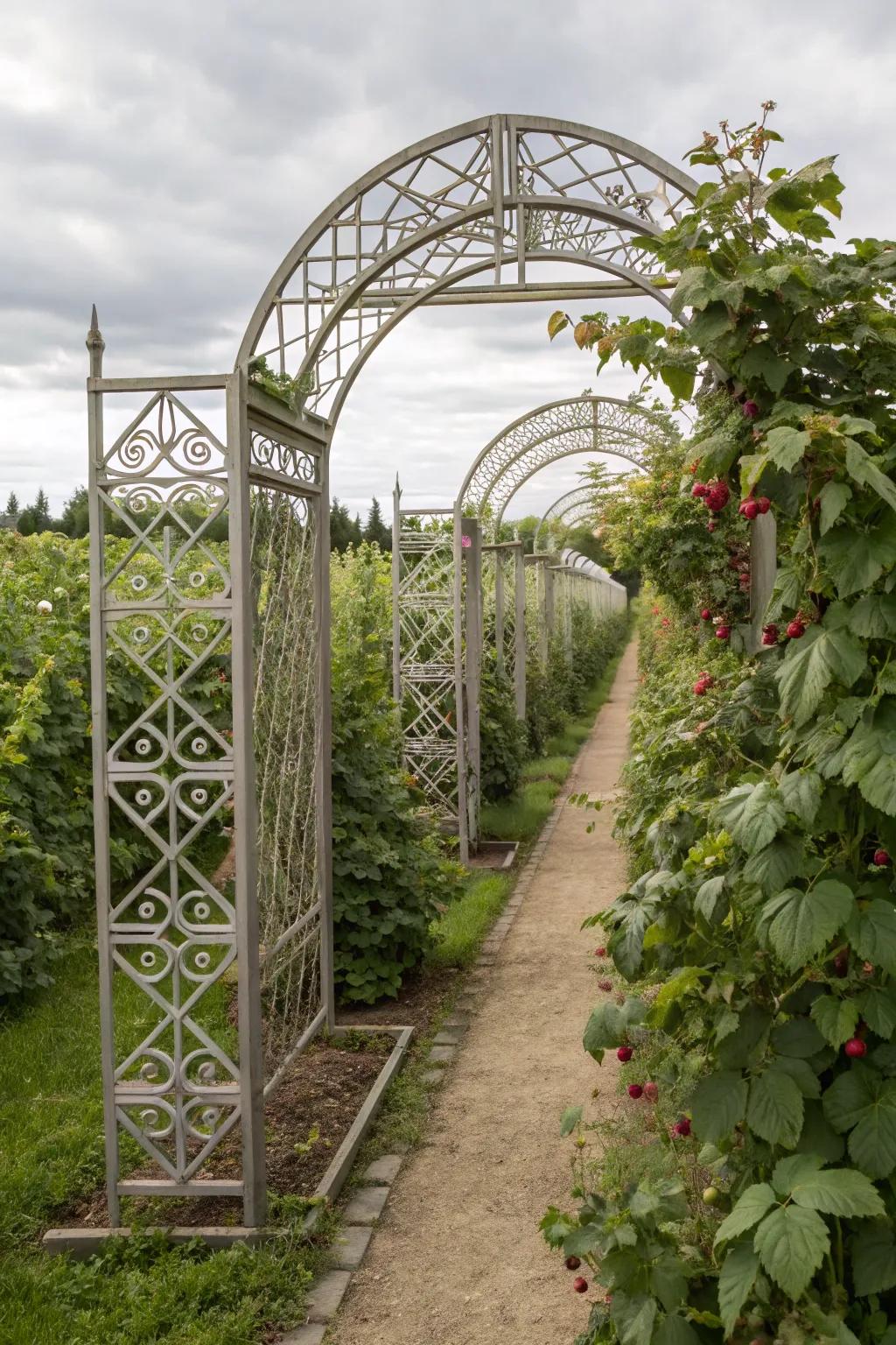 A ferrous trellis contributes a modern sharpness to a raspberry garden.