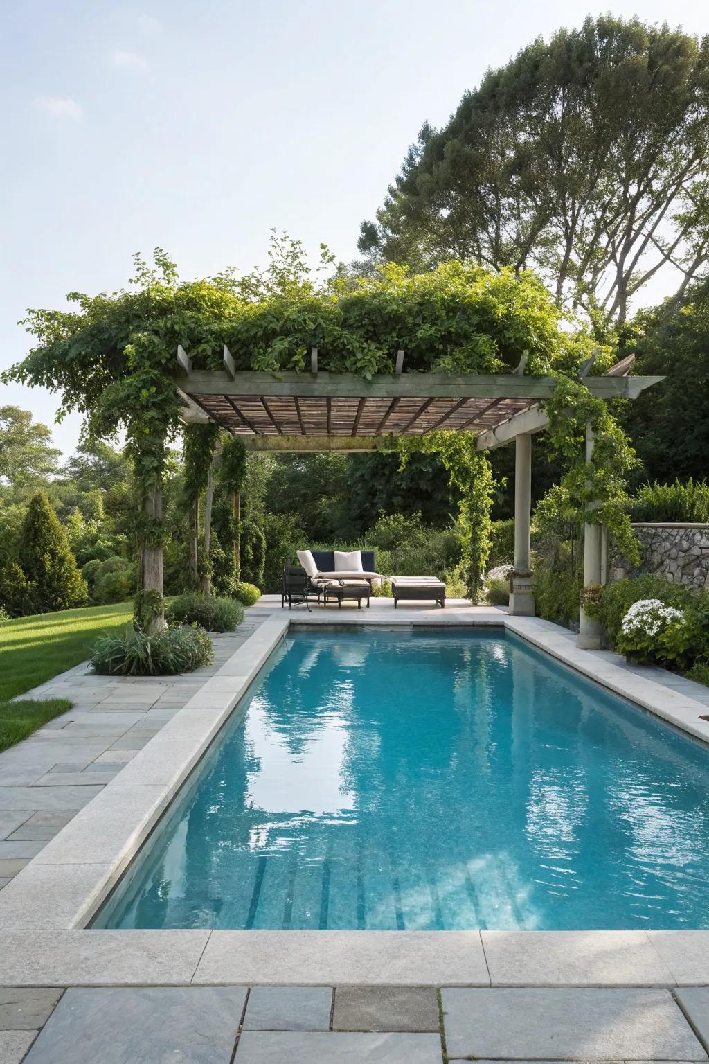 A pergola grants a stylish shaded getaway by the pool.