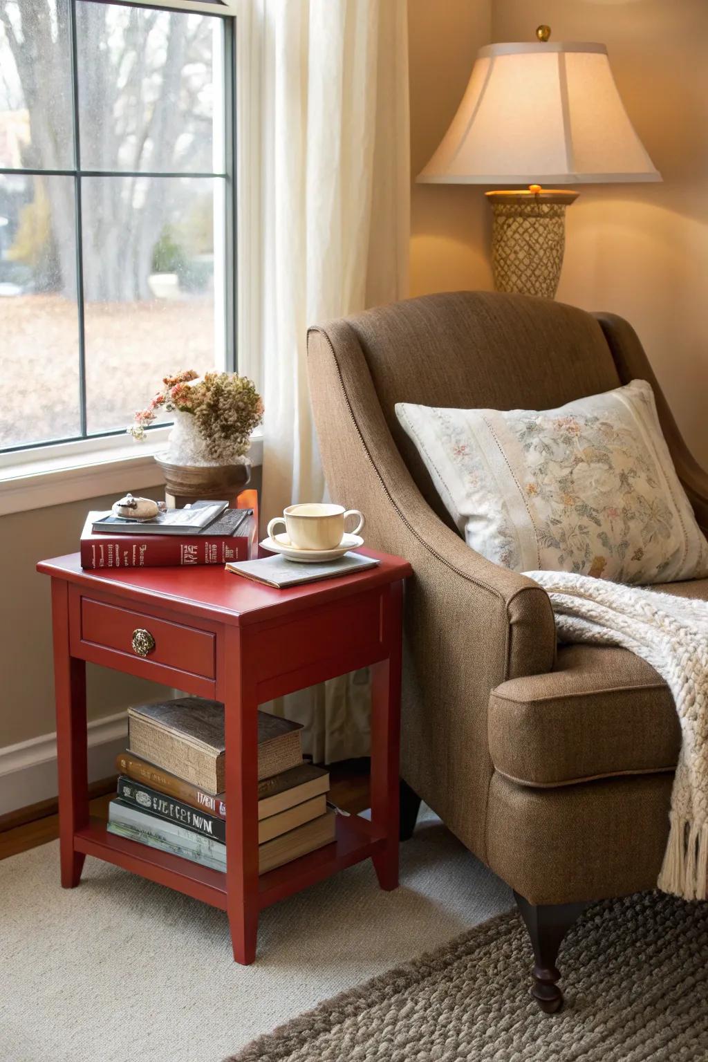 A reading nook with scarlet and cocoa elements invites relaxation.