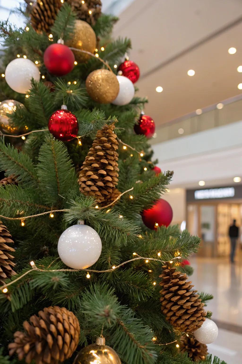 Gilded-brush pinecones add a natural elegance to the tree.