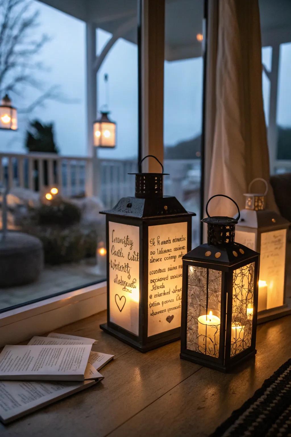 Quaint memory lanterns with heartfelt messages.