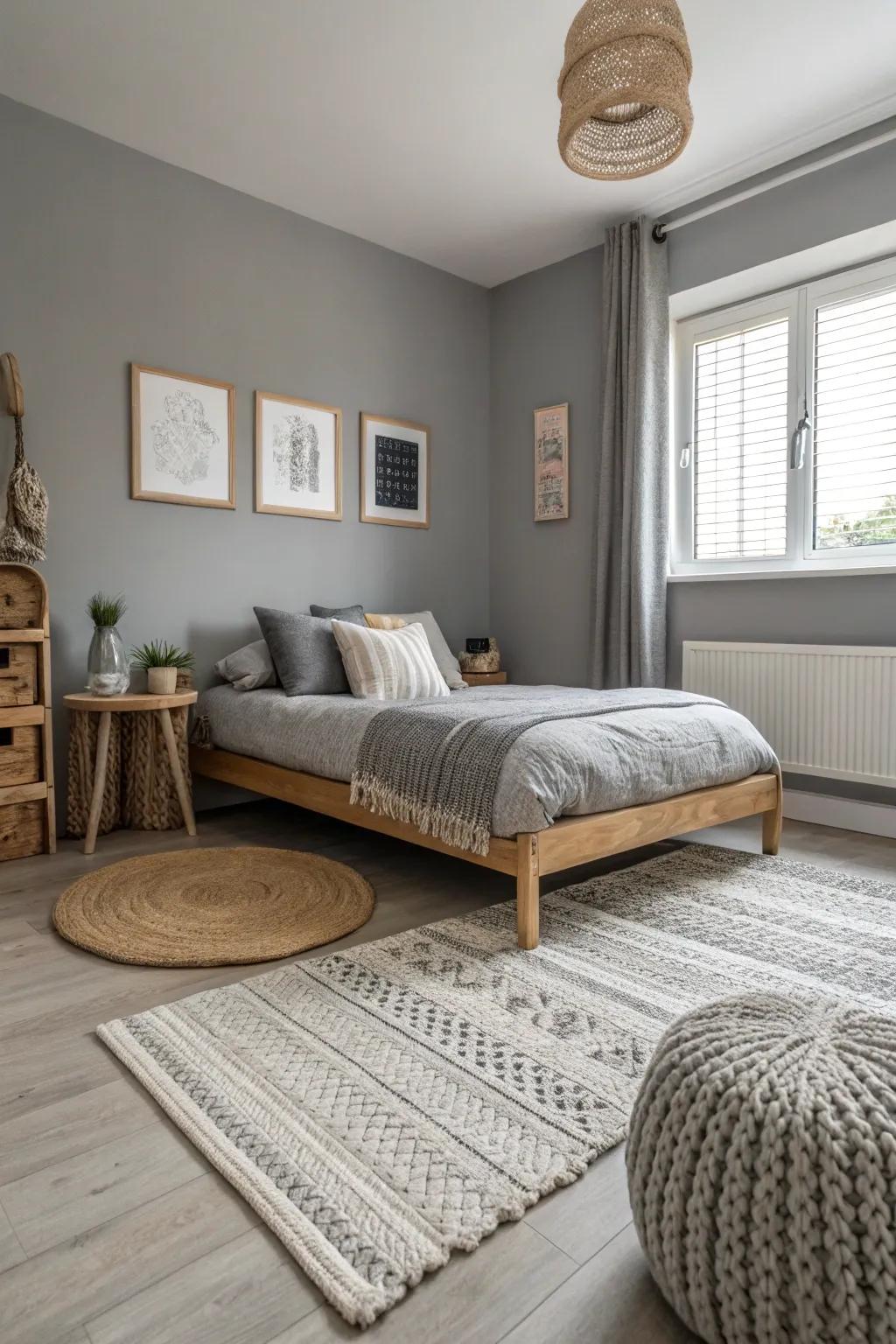 Layered rugs enhance the welcoming feel of a tranquil mist bedroom.