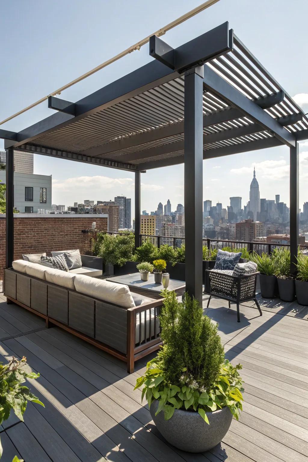 Update your rooftop by using a pergola to provide shade and construction.