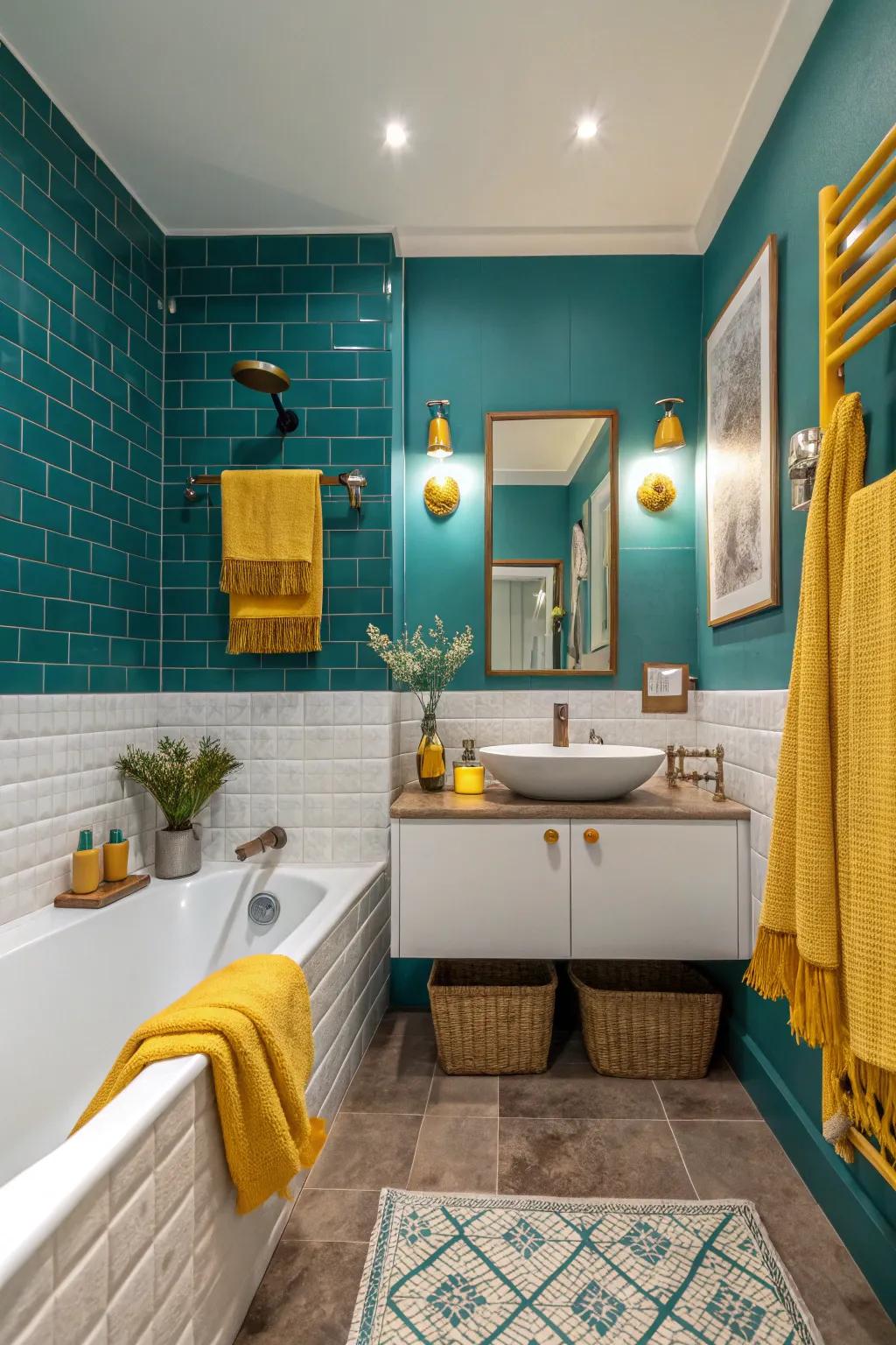 Bold hue contrasts introduce an exhilarating, retro vibe to your lavatory.