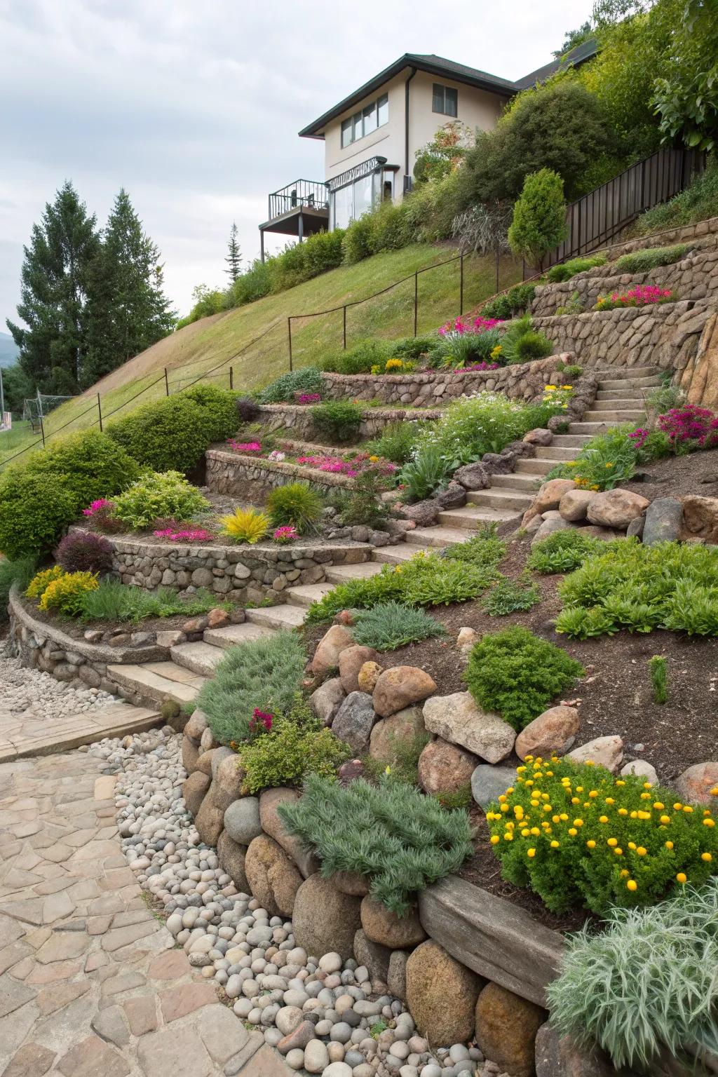 Augment inclined gardens via terraced streamside stone designs.