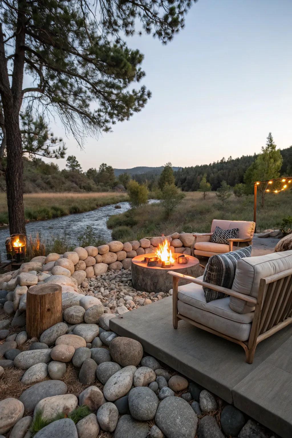 A stone edging contributes rustic charm and safety to this attractive fire pit area.