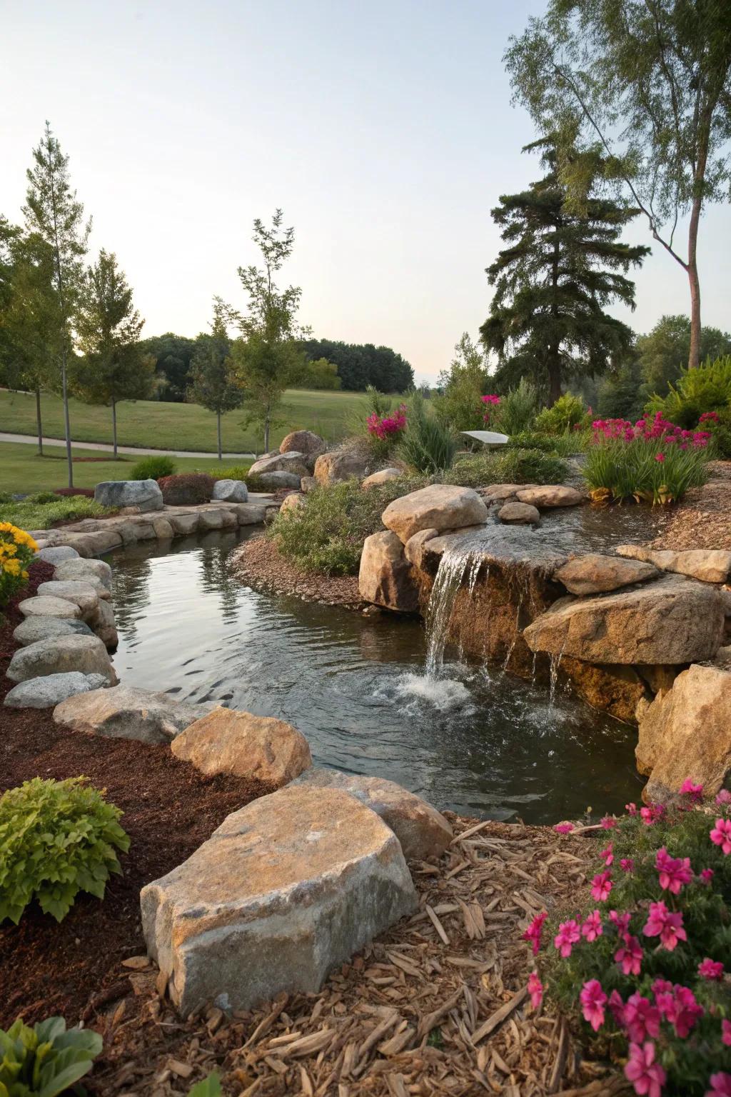 A water feature injects tranquility into the garden landscape.