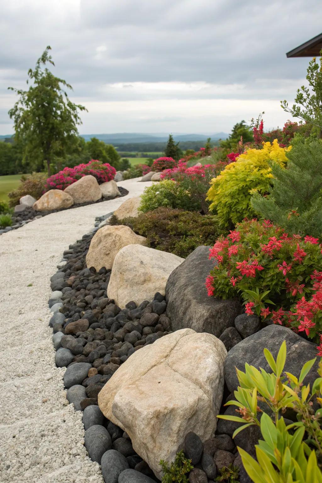 Color contrasts between rocks and plants make a bold statement.