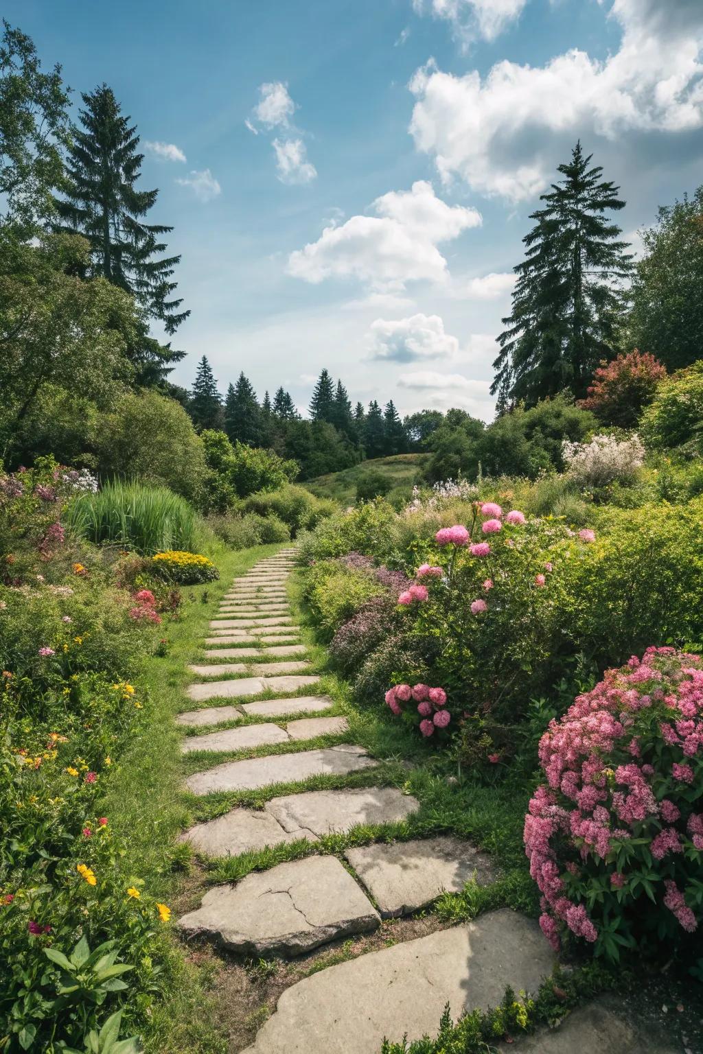 A charming platform stone route leading via a lush garden area.