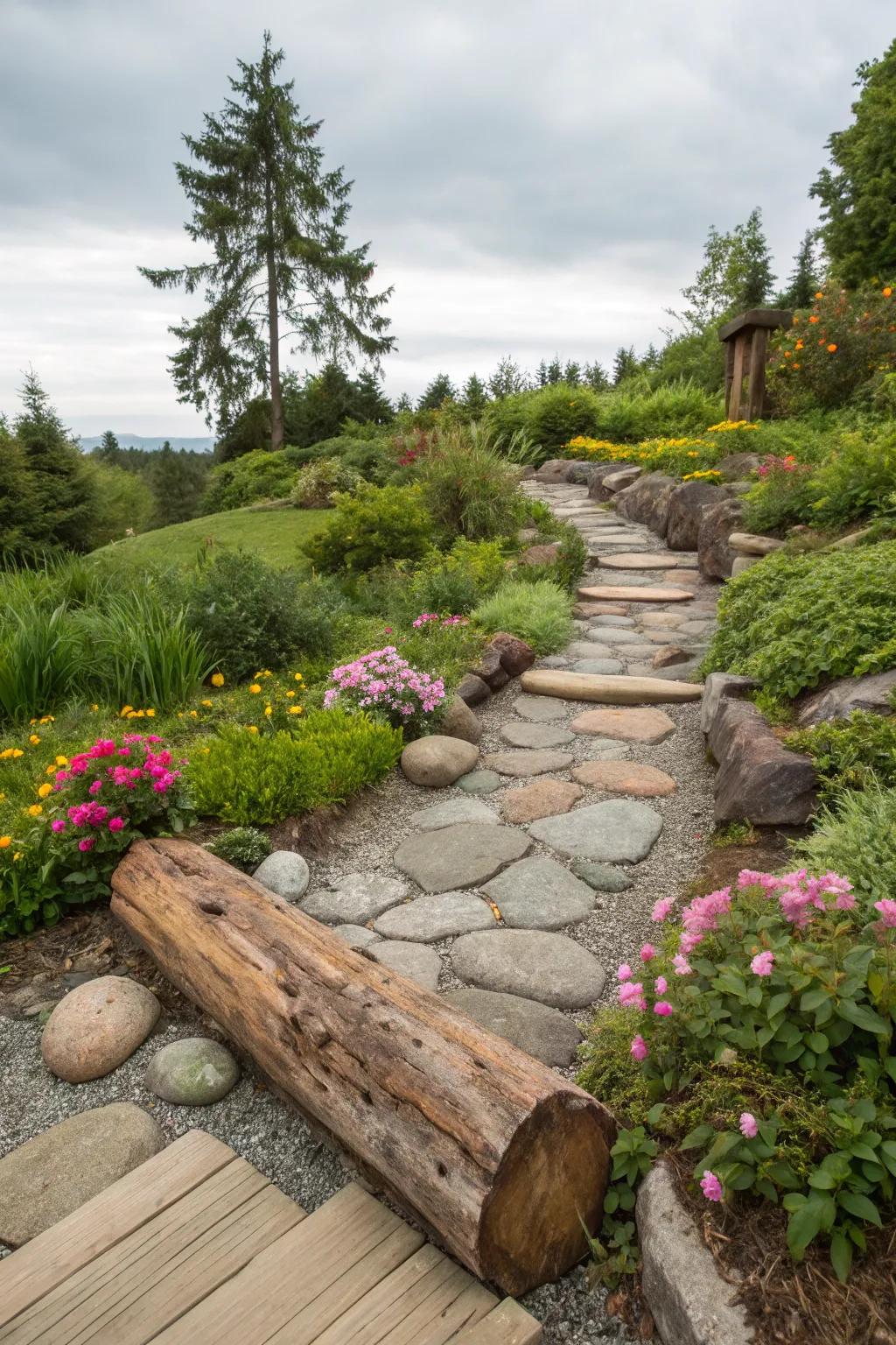 Wood and rock together create a warm, inviting path.