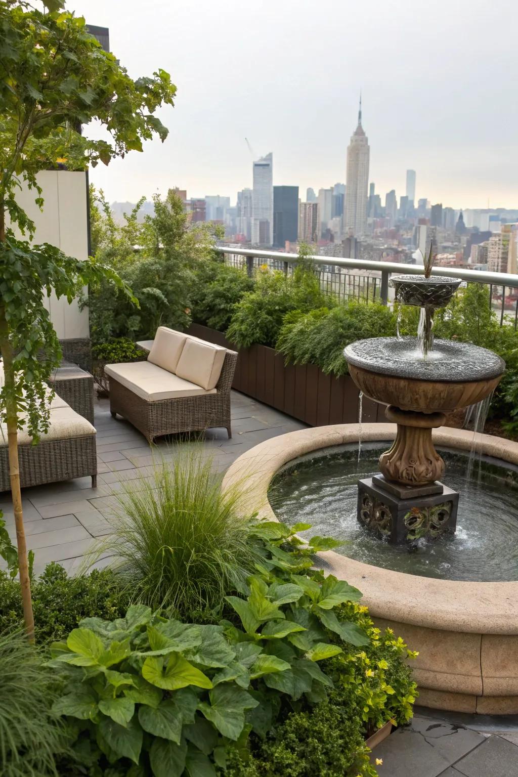 Aquatic accents introduce a tranquil element to your rooftop.