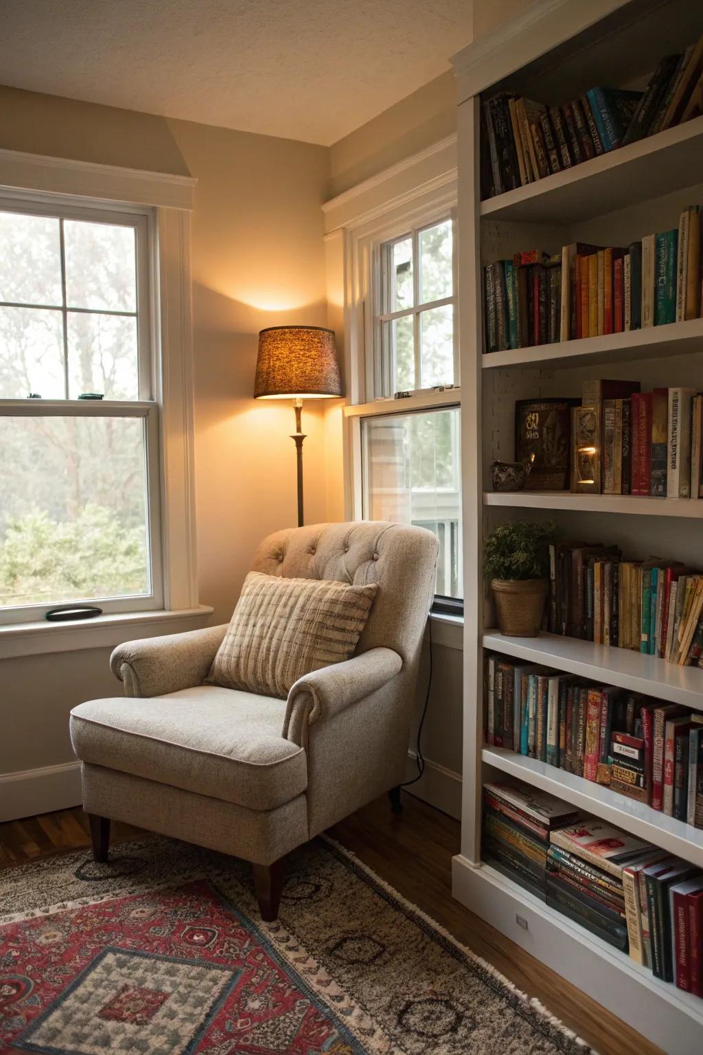 An intimate reading nook turns unused space into a private getaway.