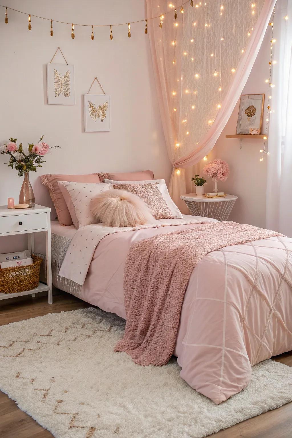 Gentle pinks and blush tones for a dreamy bedroom.