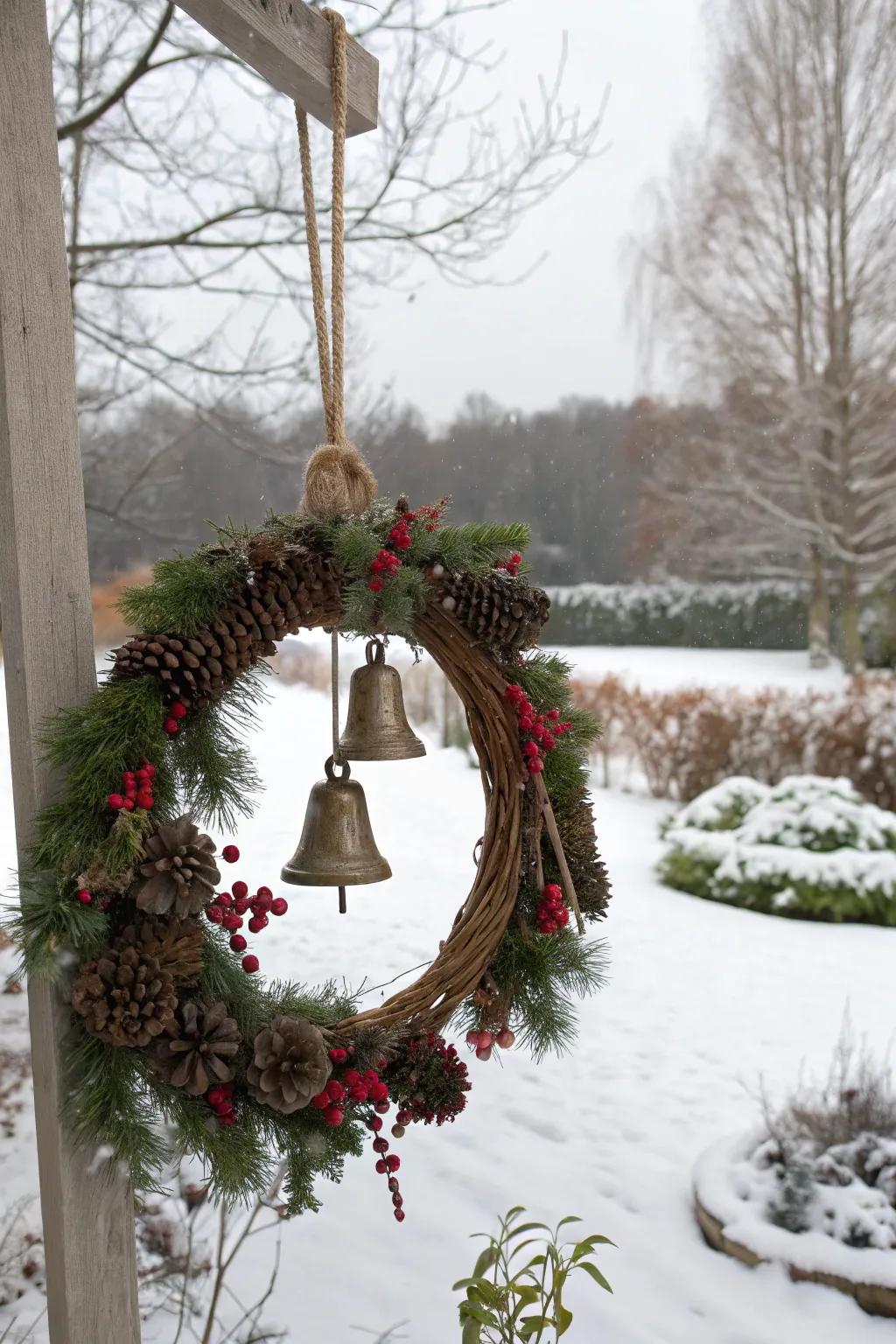 Rustic chimes add festive sounds to this holiday wreath.