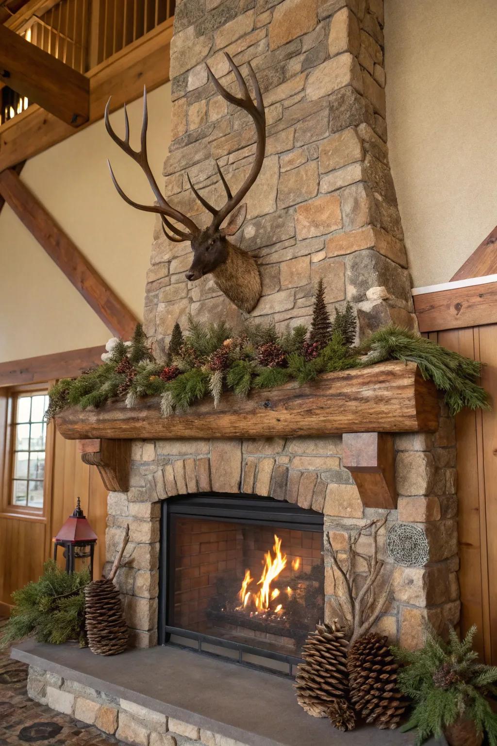 A hearth adorned with ornamental antlers for a countryside accent.