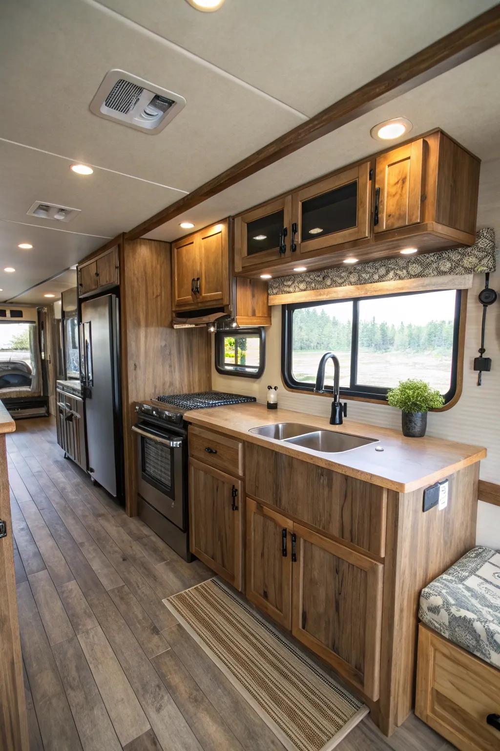 An elegant kitchenette is the heart of a rustic RV.