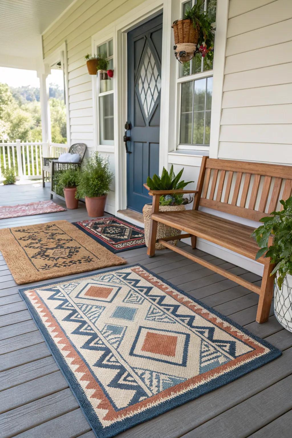Outdoor carpets and welcome mats add texture and warmth to a rustic porch.