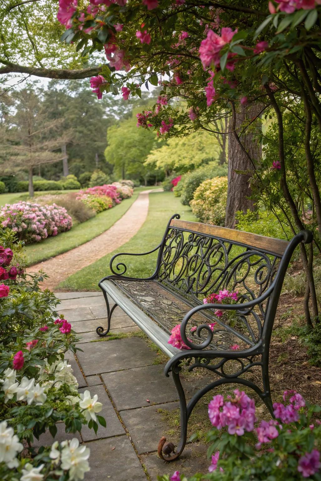 A metal bench that functions as both a seat and garden art.