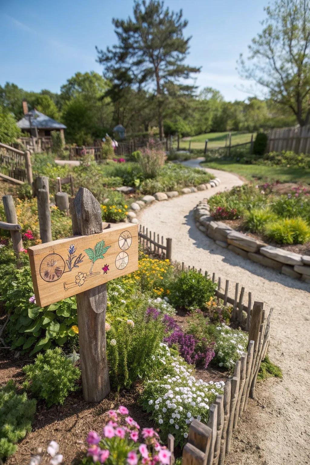 Individualized plaques contributing a quaint touch to the garden.