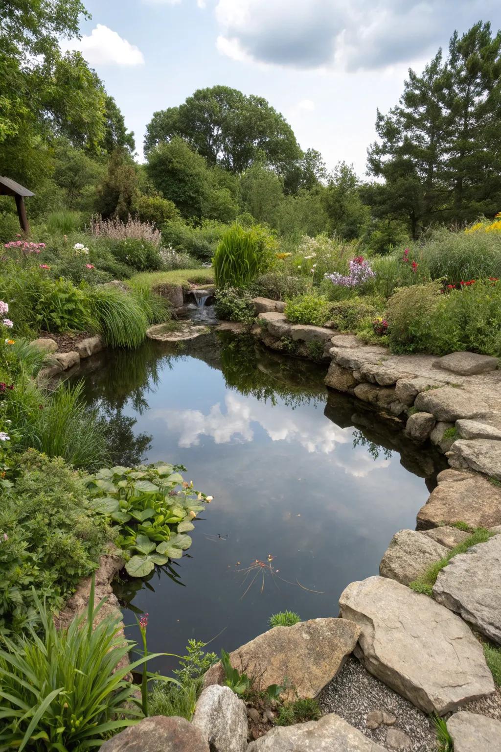 A tranquil pond enhancing the natural garden atmosphere.