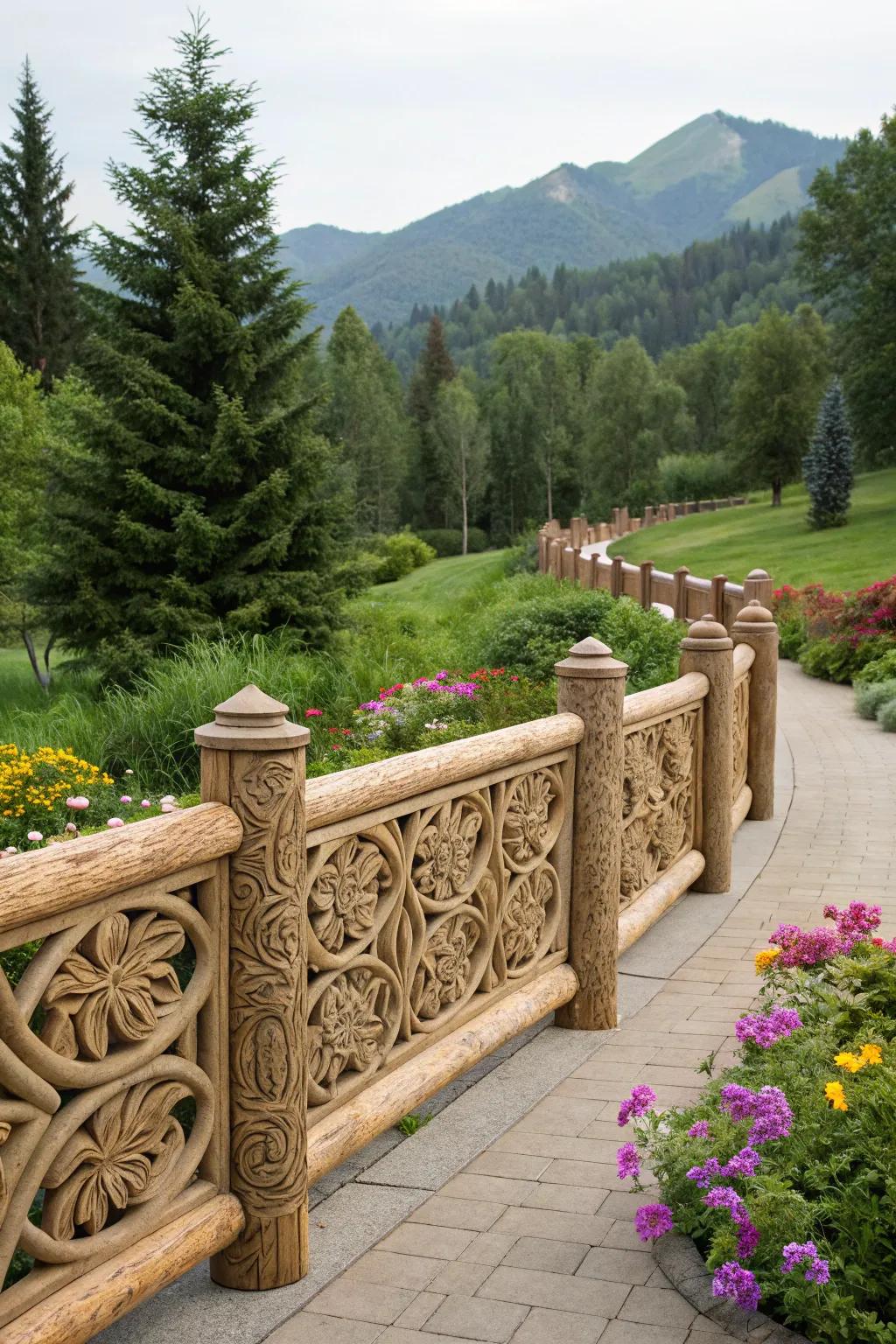 Intricate carvings on a log fence add artistic flair to a garden landscape.