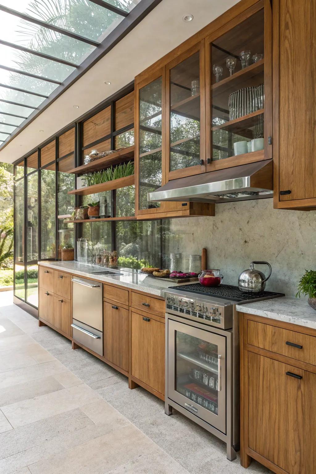Combined materials bring visual harmony to this country kitchen.