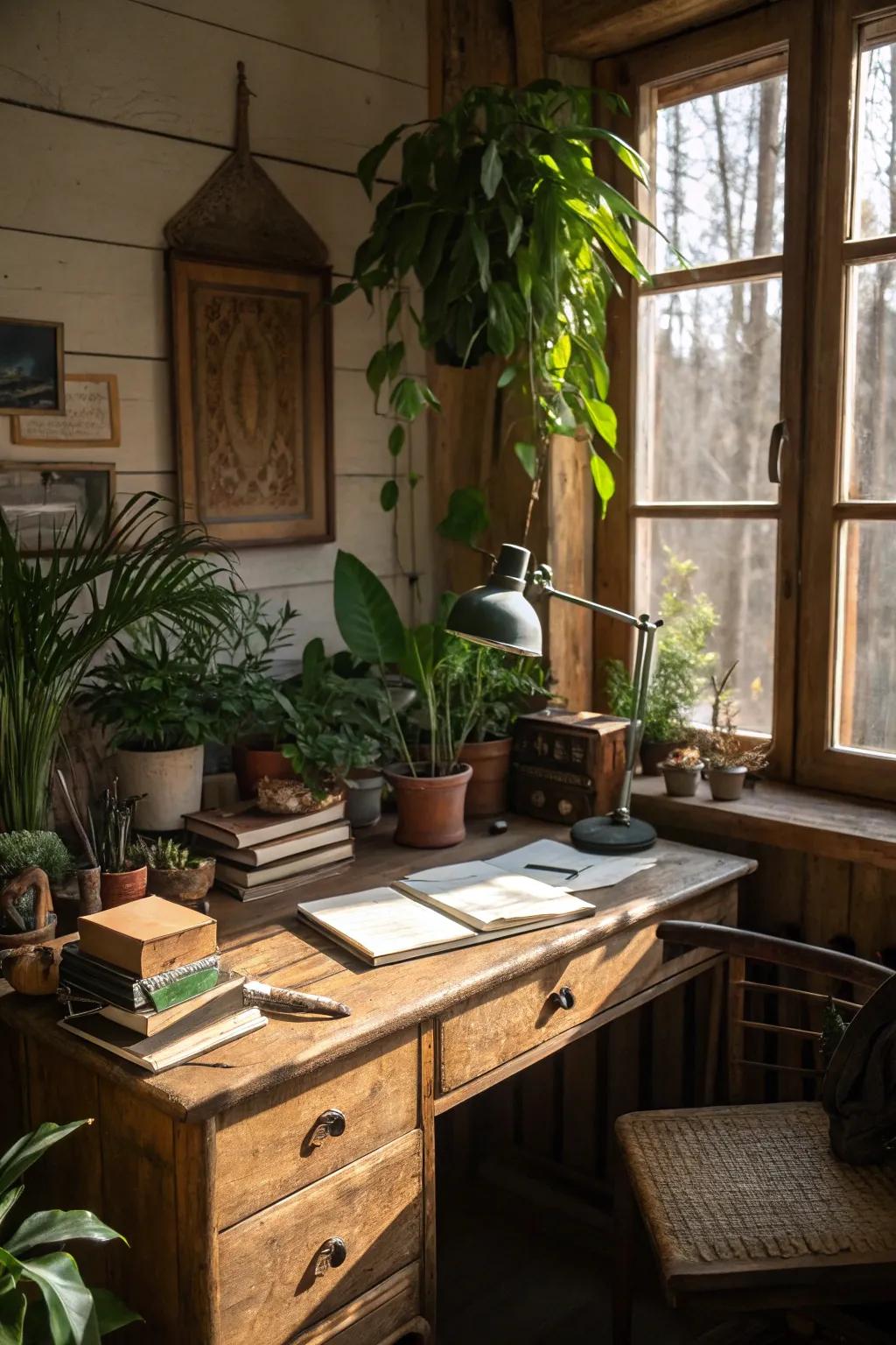Vegetation brings vitality and freshness to a country-style office.